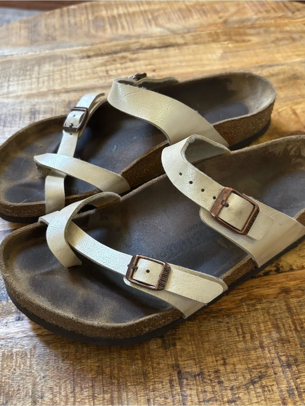 Birkenstock Women's Sandals Beige Straps with Black Soles